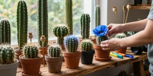 Diverse cactus plants in a bright indoor garden space, showcasing unique blue and big poppy head cactus.