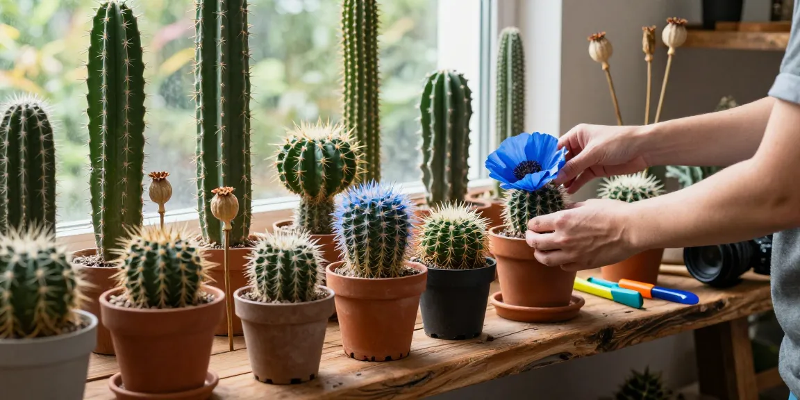 Diverse cactus plants in a bright indoor garden space, showcasing unique blue and big poppy head cactus.