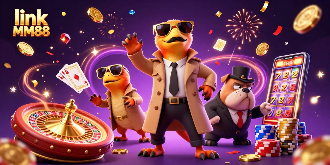Thrilling scene with link MM88 showcased by cartoon raptors attempting casino entry, full of gambling excitement.