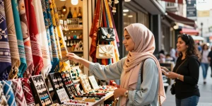 Explore the vibrant hijab store showcasing colorful fabrics and accessories.