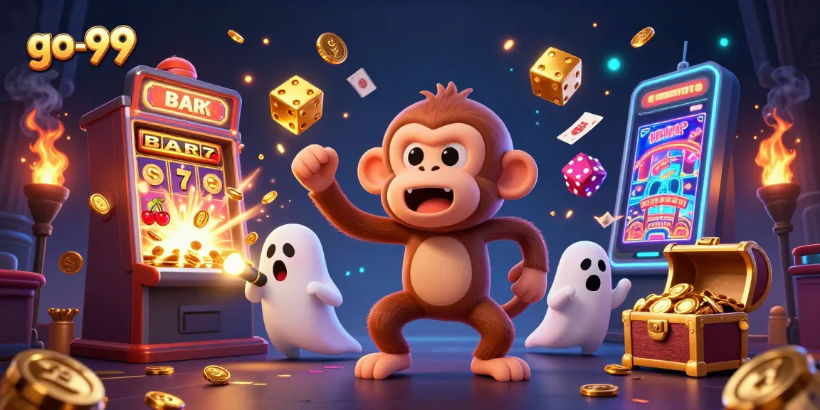 Experience the excitement of go-99 with a haunted casino scene featuring playful ghostly characters and jackpot symbols.