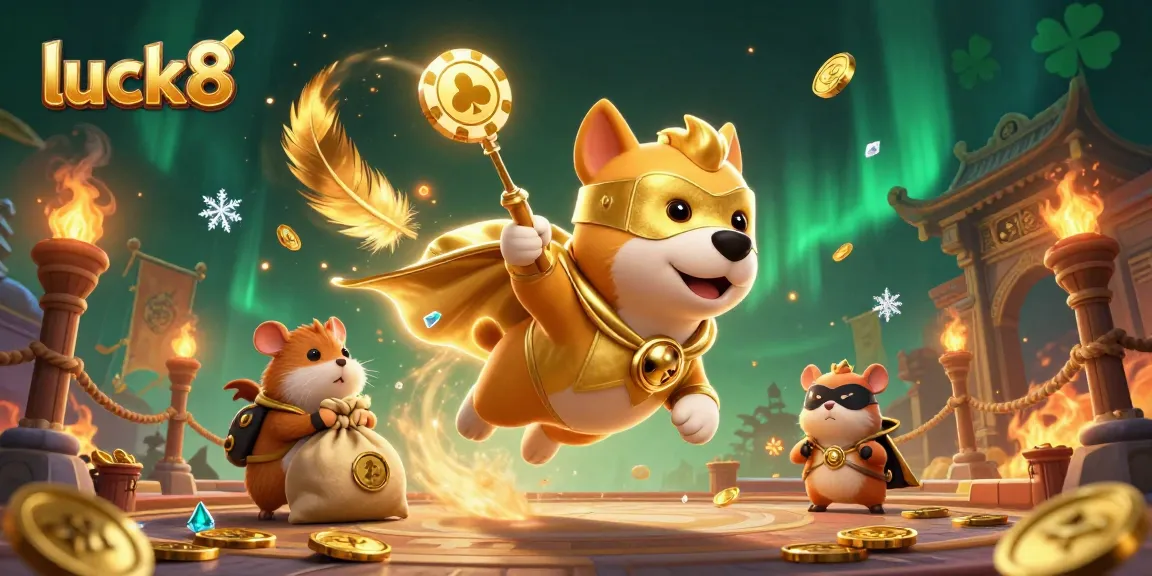 Luck8 showcases thrilling adventure with a superhero dog flying amidst dynamic gaming elements in an action-packed casino scene.