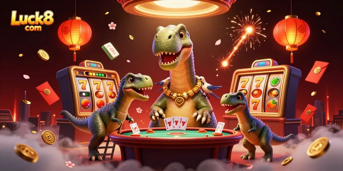 Experience the thrill of Luck8 com with an exciting casino scene featuring a towering brontosaurus and clever raptor dealers.