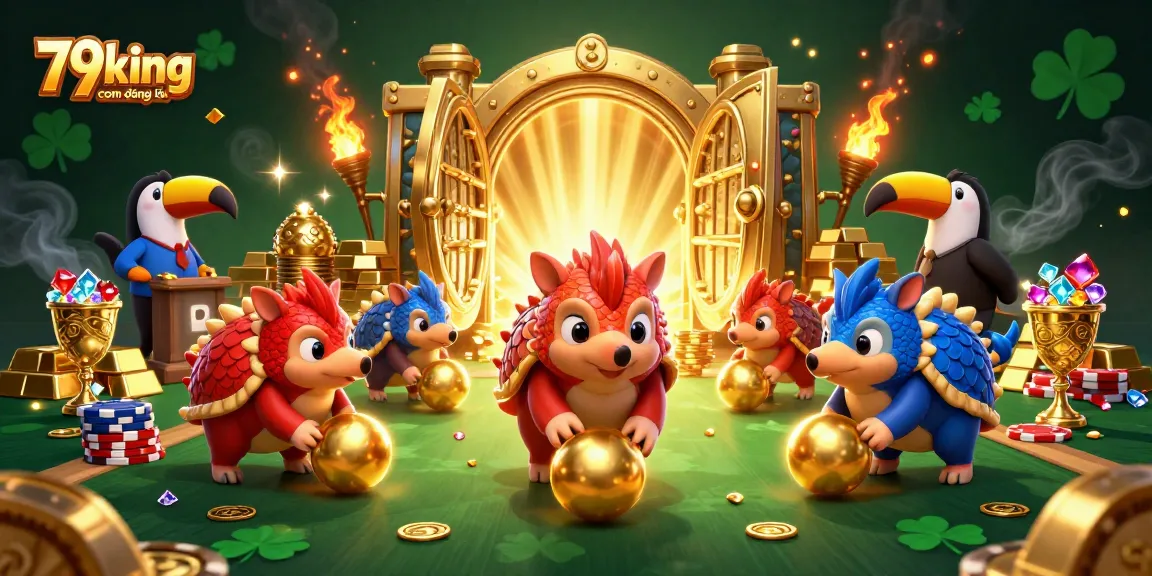 Pangolins playing in a vibrant casino scene at 79king com đăng nhập, rolling golden balls amidst poker chips and treasures.
