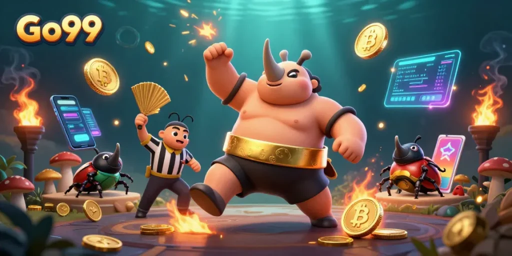 Go99 players cheer as golden coins fly from a beetle sumo champion's stomp in this vibrant casino scene.