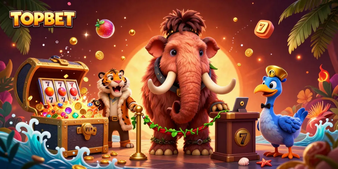 TOPBET welcomes players with vibrant slot imagery and a dynamic casino scene featuring cartoon characters.