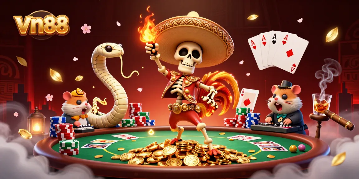 vn88's vibrant casino scene with lively characters and gambling elements, showcasing excitement