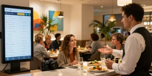 Inviting restaurant host managing google restaurant reservations as diners enjoy their meals.