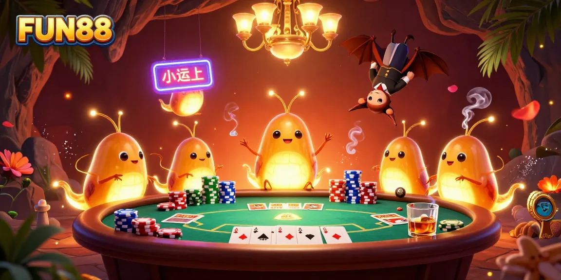 Experience FUN88's vibrant casino atmosphere with glowworms illuminating a whimsical poker scene.