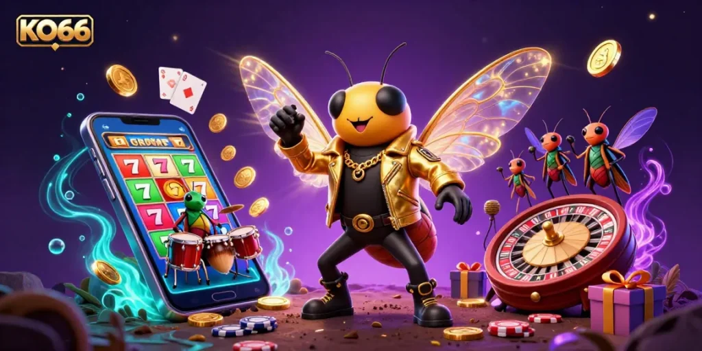 Experience KO66 with a vibrant 3D scene featuring a rock star cicada and casino elements.