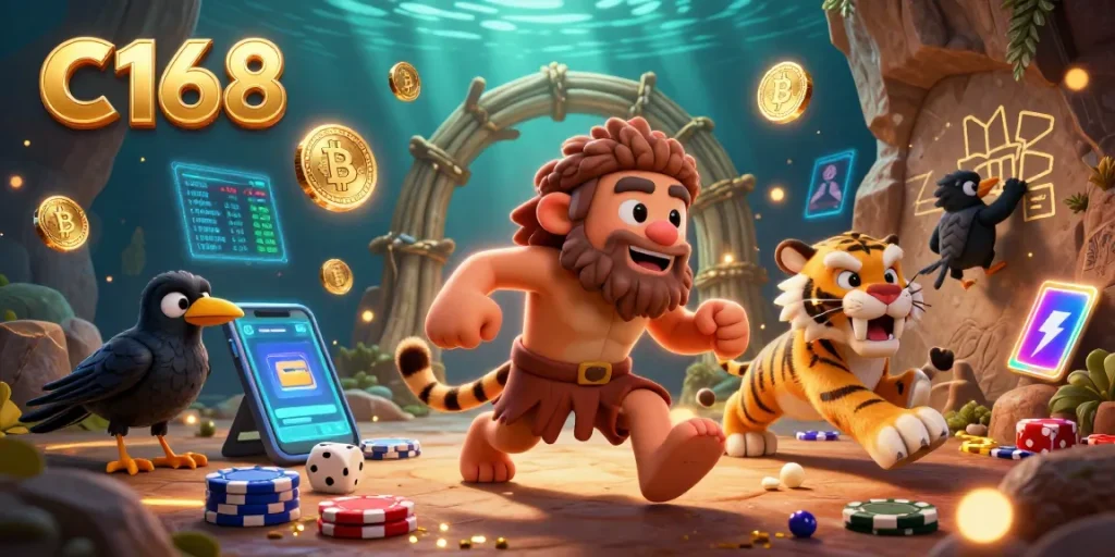 C168 casino features a vibrant scene with cavemen and a saber-toothed tiger in a prehistoric gambling environment, showcasing exciting 3D elements.