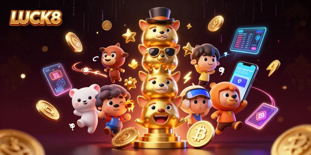 Experience the excitement of LUCK8 with vibrant 3D casino elements in a dynamic illustration.