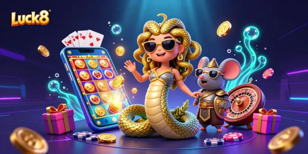 Spin and win at Luck8 with Medusa and a warrior mouse in a vibrant casino scene.