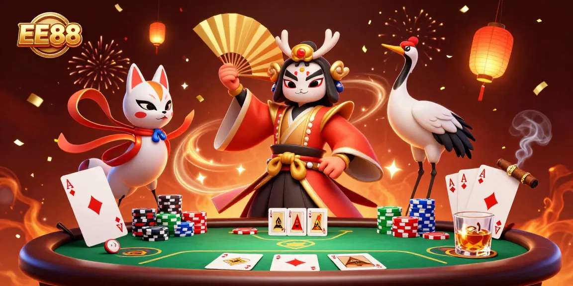 Experience thrilling gaming at EE88 with a vibrant 3D illustration celebrating poker dynamics.