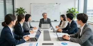 Team discussing a jv funding program strategy in a modern office.