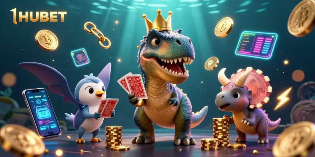 Experience excitement at HUBET with a fun T-Rex and friends in a colorful casino scene.
