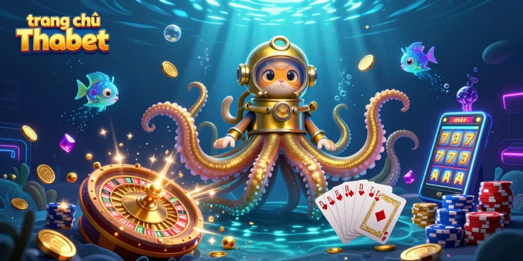 Experience excitement at trang chủ Thabet with a colossal kraken and a diving cat in this vibrant casino scene.