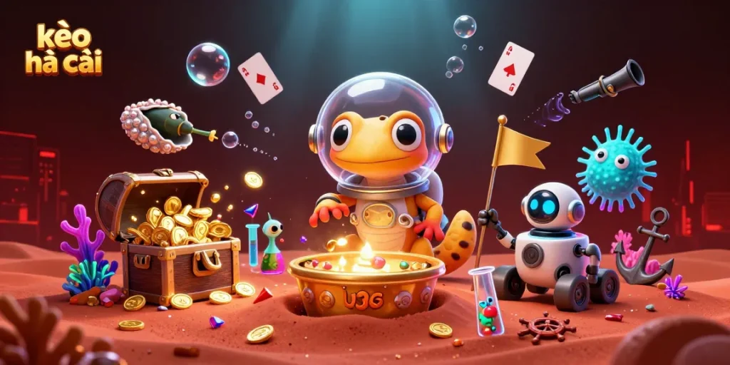 Experience thrilling kèo nhà cái action in a vibrant 3D digital casino on Mars with flying cards and cheering bacteria.