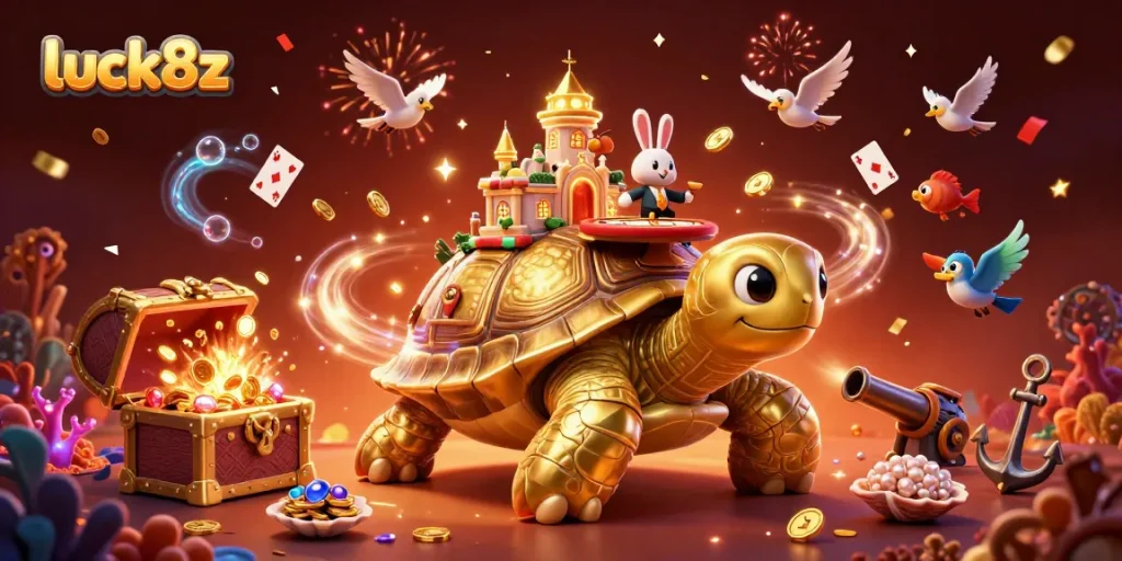 Spin to win at luck8z casino, where a golden tortoise carries a dazzling casino palace.