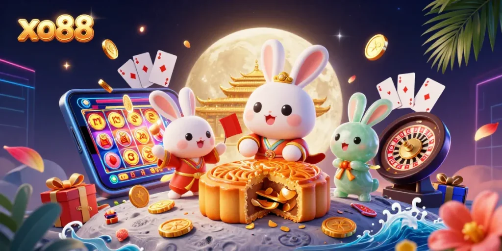Experience lucky moments with xo88 as the moon rabbit reveals poker chips in a vibrant casino scene