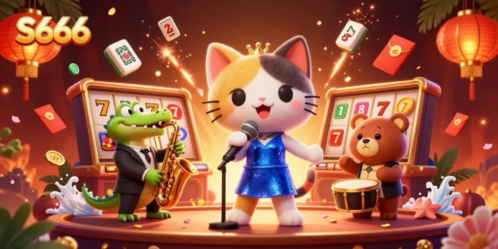 S666 creates an exciting casino atmosphere with vibrant characters and games, showcasing a lively experience.