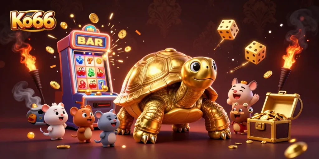 Experience excitement at Ko66 with a giant tortoise pinball machine surrounded by vibrant casino elements.
