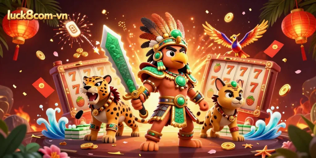 Experience the thrill of luck8com-vn with colorful 3D warriors amidst spinning slots and festive elements!