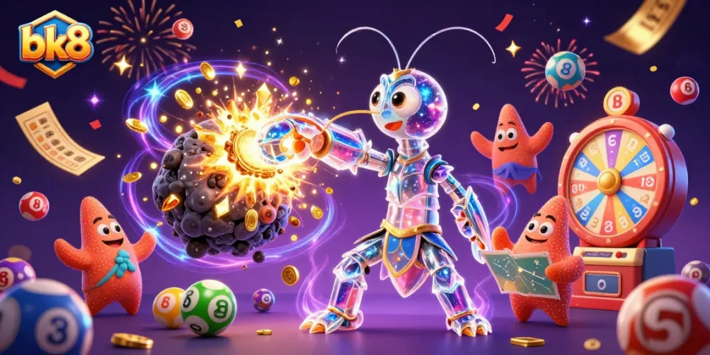 Engage with bk8's thrilling action as a galactic samurai bursts through an asteroid, scattering gems and confetti.