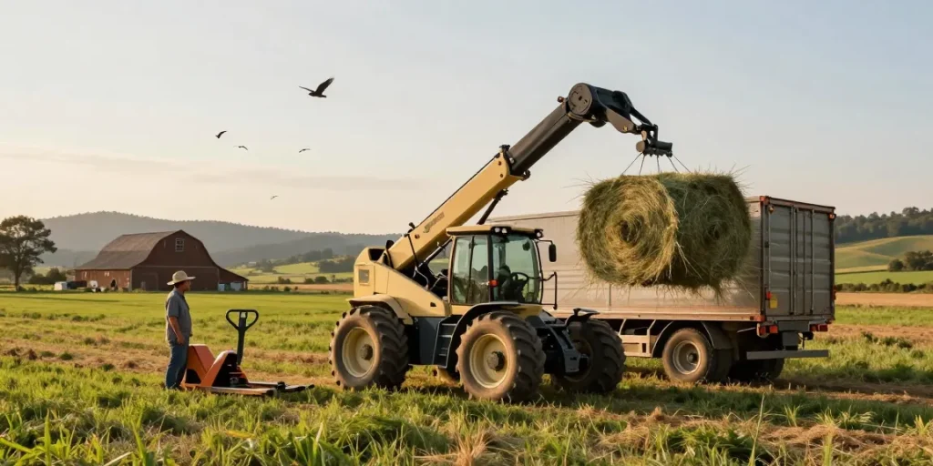 Best farm electric loader in action, lifting hay on a scenic rural backdrop with a farmer overseeing operations.
