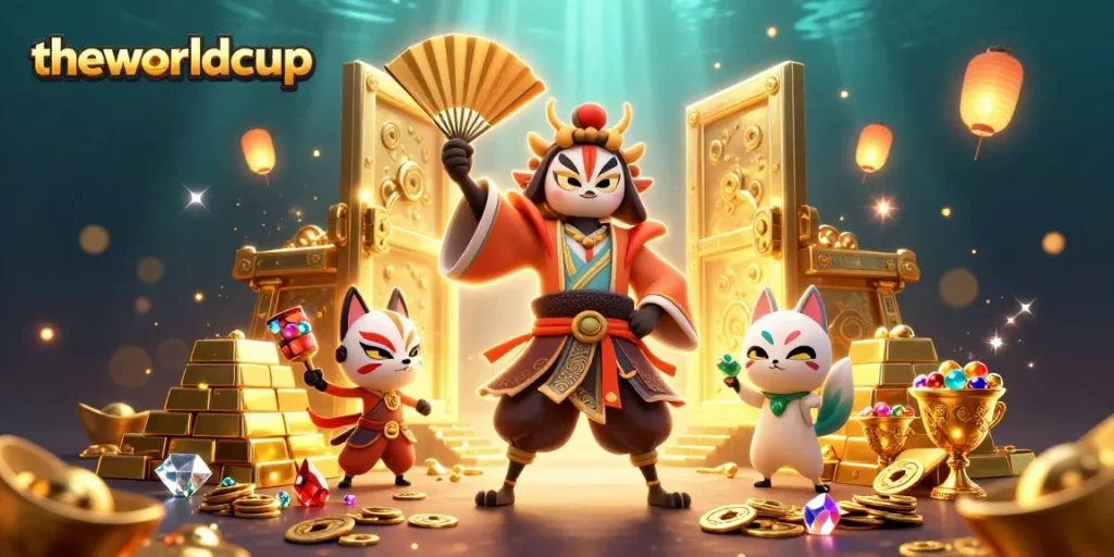 Experience theworldcup excitement with a stunning 3D illustration of kabuki warriors in a dynamic casino scene.