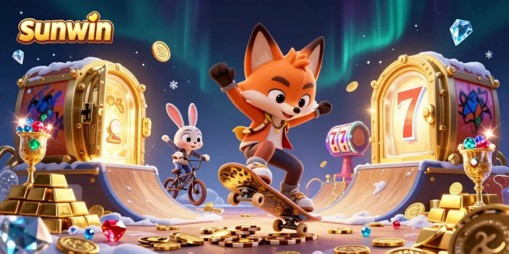 Experience thrilling big wins with sunwin's cartoon characters amidst a vibrant casino scene.
