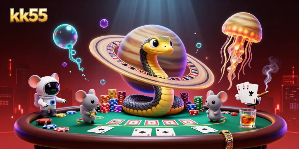 Bet on the cosmic roulette at kk55 featuring vibrant characters in an engaging casino scene.