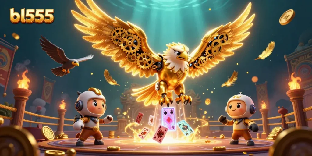Play exciting games at bl555, where a cybernetic eagle dives through holographic cards in an immersive casino scene.